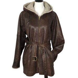 VAKKO SPORT Genuine Leather Shearling Lined Hooded Jacket Mens M Brown Soft Zip